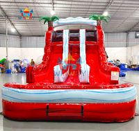 WINWAYTOYS Toboggan aquatique gonflable double piste rouge en PVC écologique, thème noix de coco tropicale, pour enfants, idéal pour les fêtes estivales en extérieur
