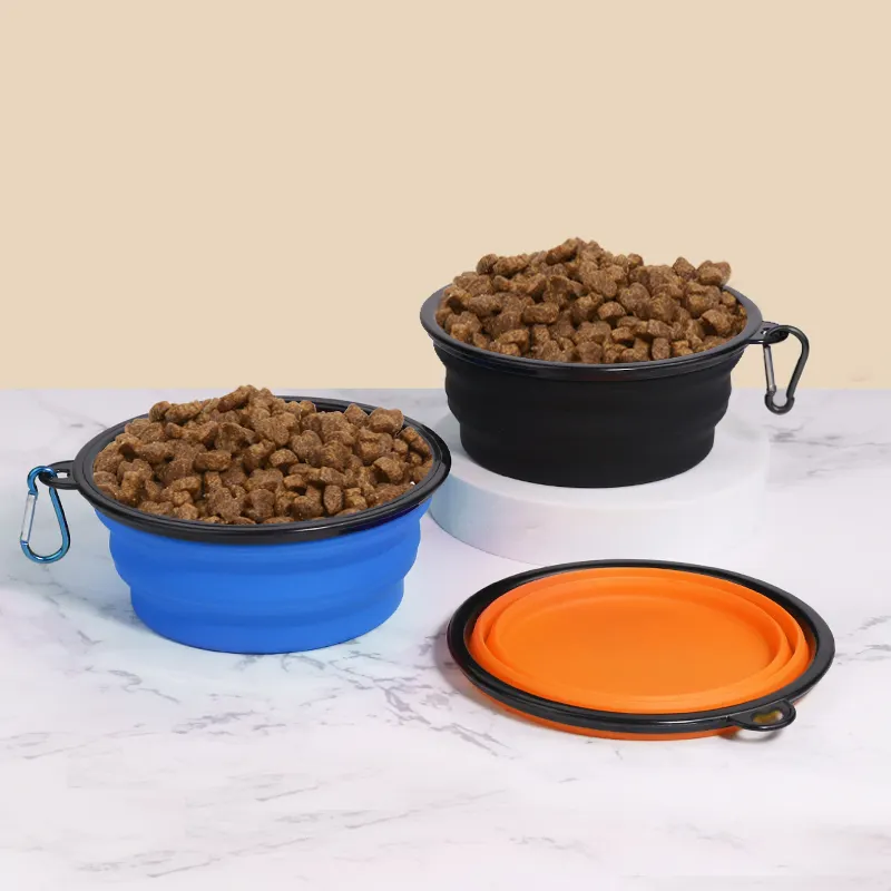 أطباق الكلاب من السيليكون المحمولة قابلة للطي أطباق مائية للكلاب أطباق طعام مع مشبك كارابينر للسفر