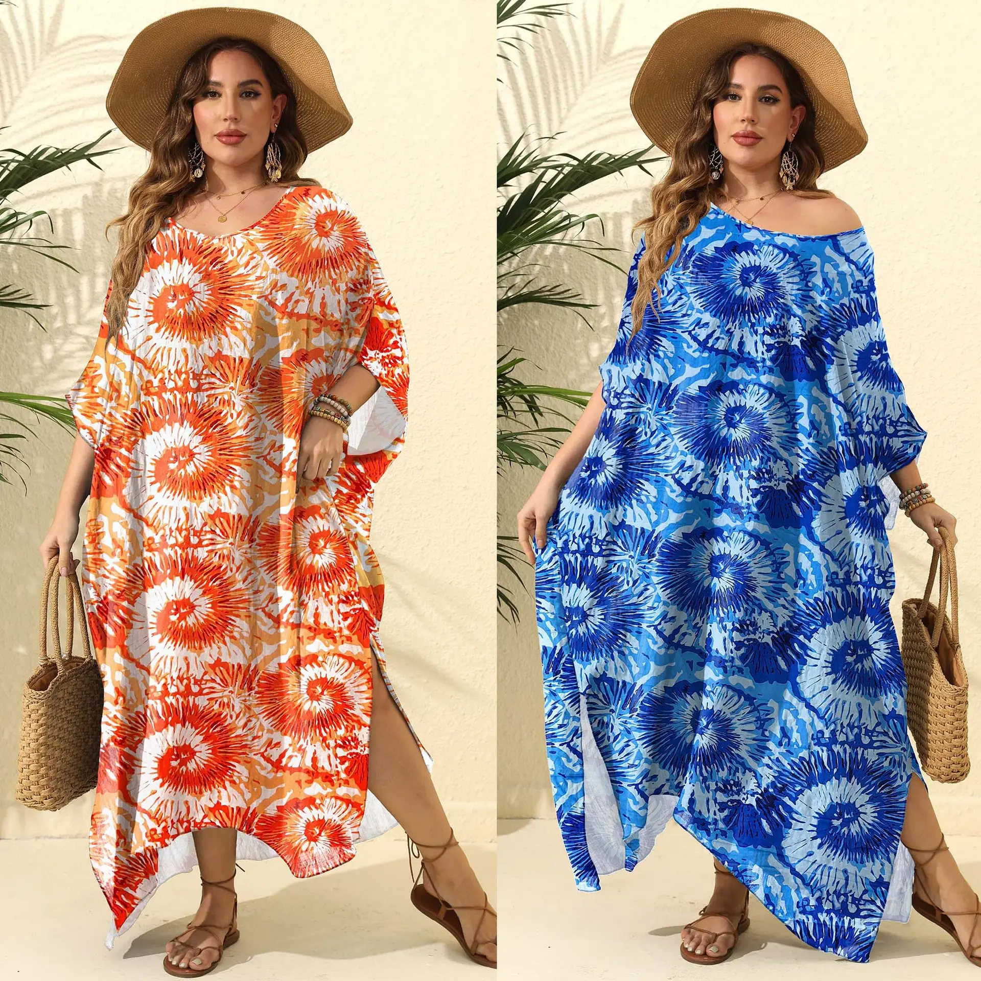 Fábrica Atacado RTS Plus Size Mulheres Boho Impresso Longo Maxi Praia Vestido Capa Ups Kaftan