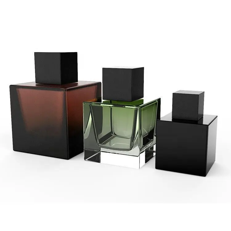 Garrafa de perfume de alta qualidade, luxo, design quadrado, 30ml, 50ml, vidro vazio personalizado, spray de perfume com tampa