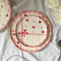 Vaisselle coréenne en céramique rose, motif cœur et nœud, en porcelaine beige, bol et assiette, service de table pour restaurant et maison, cadeaux