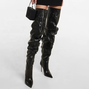 Wide Fit Thigh High Booties Women Pleated Stiletto High Thin Heels <b>Shoes</b> Suede PU Over the Knee Sexy Pointy Toe Pumps - Product Image 2