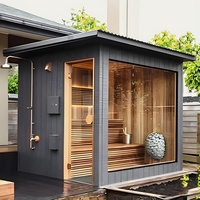 Sauna Traditionnel Extérieur Carré pour 2 à 8 Personnes, Vapeur Humide et Sèche, Infrarouge Lointain, Porte en Verre Panoramique