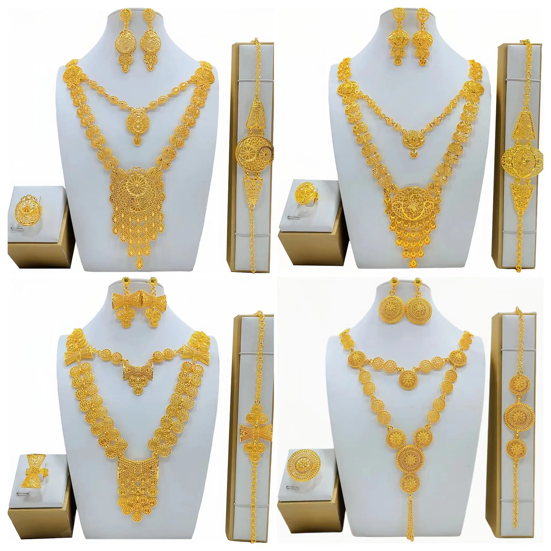 Dubai 24K gold women's jewelry set Middle East bride jewelry necklace earrings ring bracelet four-piece set