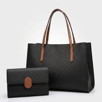 Set Tas Tangan Wanita 2-in-1 Elegan - Tas Tote Kulit PU Hitam dengan Ritsleting Trim Cokelat & Clutch Lepas Pasang Berkapasitas Besar