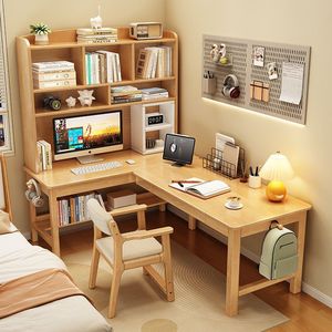 Escritorio esquinero de madera maciza con estantería integrada en forma de L para computadora, para el hogar, dormitorio, estudio o estación de trabajo. - Product Image 1