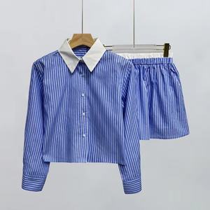 Conjunto de Falda y Camisa de Manga Larga a Rayas Azules y Blancas, Traje de Mujer de Alta Calidad, Diseño Personalizado al por Mayor, OEM, ODM - Product Image 1