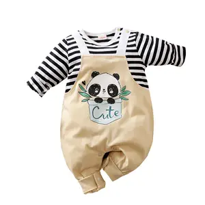 可爱熊猫图案长袖100% 纯棉婴儿衣服婴儿连身衣婴儿婴儿连体衣