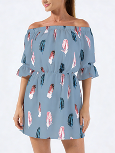 Robe Courte Femme Imprimé Plumes Épaules Dénudées Coupe Évasée Manches Élastiques Taille Naturelle Décontractée Été Plage Quotidienne Lavable - Product Image 1
