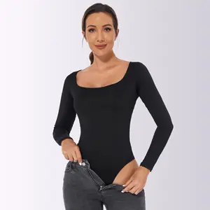 Wholesales Women Cotton Elegant Scoop Neck Long Sleeve Stretchy Slim Fit Casual Bodycon Shapewear Bodysuit Jumpsuits