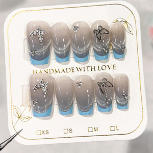 Fournisseur en gros <span class=keywords><strong>Ongles</strong></span> à pression papillon à pois métalliques French Blue Edge Oeil de chat <span class=keywords><strong>Ongles</strong></span> artificiels carrés Faux <span class=keywords><strong>ongles</strong></span> faits à la main - Product Image 2