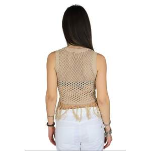 Women's <b>Tank</b> <b>Top</b> DKE8039 Beige Mesh Fringe Crop <b>Top</b> <b>Summer</b> Fashion - Product Image 3