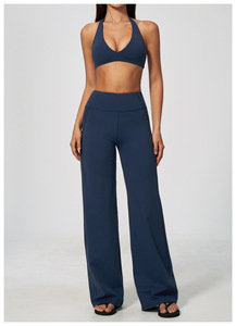 Ensemble décontracté 2 pièces pour femme : Haut court dos nu sans manches et pantalon large taille haute rayé bleu marine en maille respirante pleine longueur - Product Image 3