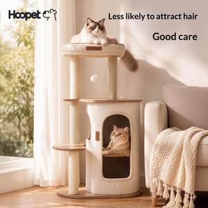 Arbre à chat en bois multi-niveaux pour intérieur, avec condo cylindrique spacieux, plateformes de saut à plusieurs hauteurs et poteaux à gratter en sisal pour chats. - Product Image 1