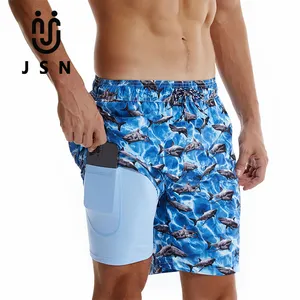 JSN yaz koşu mesh spor çeyrek pantolon çabuk kuruyan su geçirmez erkekler çift katmanlı iki bir büyük beyaz köpekbalığı plaj pantolonları