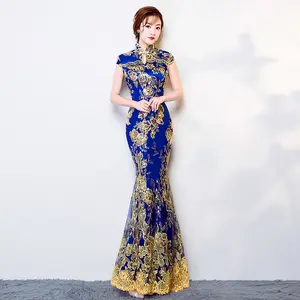 Phụ Nữ Dài Qipao Quần Áo Thêu Phong Cách Truyền Thống Trung Quốc Turnbuckle Nàng Tiên Cá Sequin Trung Quốc Váy Dài Qipao