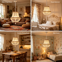 Lustre à perles de bois blanc, suspension double anneau, finition bois naturel, lampe longue moderne à suspension moyenne pour salon