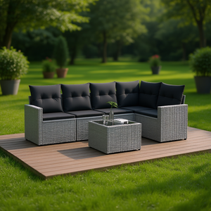 Garden Sofa Set <b>Grey</b> Poly Rattan Steel <b>Frame</b> 6 Seater Contemporary Outdoor Furniture - Product Image 2