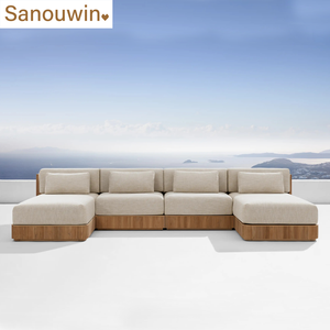 Minimalist Line Design Outdoor Garden Teak L-<strong>Shape</strong> <strong>Sofa</strong> <strong>Set</strong> Sturdy <strong>All</strong>-Weather for Park Courtyard Farmhouse Hall or Villa - Product Image 1