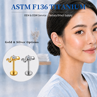 Piercing Labret à dos plat en CZ transparent ASTM F136, boucle d'oreille pour cartilage, or et argent, petit bijou de piercing, vente en gros