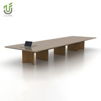 Table de conférence moderne en forme de bateau, bureau de réunion en bois avec pieds en dalle