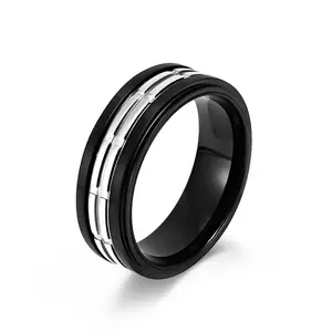 New dual color checkered aluminum oxide ring fashion simple men's stainless steel personalized couple ring