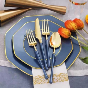 150PCS Blue with Gold Plastic Plates Silverware Set
