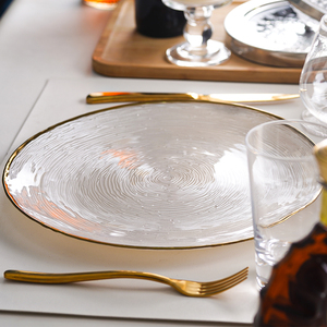 Placas de cargador de vidrio blanco azul a granel ecológicas con <span class=keywords><strong>vajilla</strong></span> de borde dorado para platos inferiores para fiestas de boda - Product Image 5