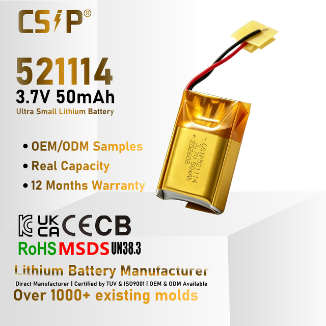 CSIP521114 3.7V 50mAh Lipo Battery Ultra Small Rechargeable Lithium Polymer Cell for Mini Drone Smartwatch TWS Earbuds GPS