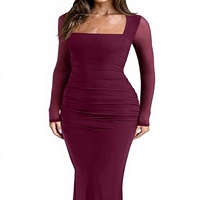 REORIA Robe longue formelle unie à manches longues pour invitée de mariage, automne, en maille transparente, col carré, froncée, taille empire, moulante, 2025