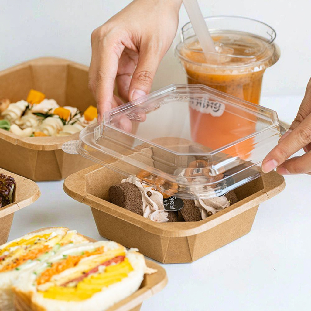 Printon Eco-Friendly Disposable Kraft Paper Plates Bowls Custom Food Packaging Takeaway Octangle Paper Salad Bowl with Lids