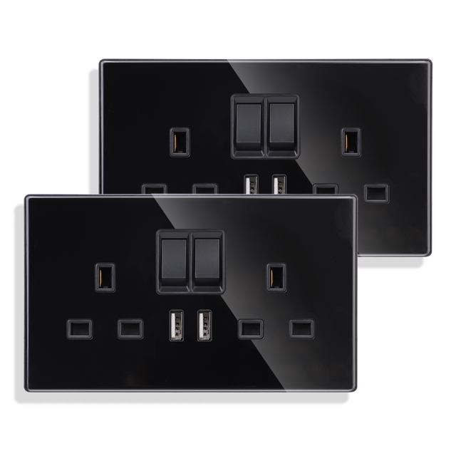 Touchmi Double UK Socket with USB A+13A 2 Outlets Wall Switch for Home Hotel 2 13A Rated Current Glass Panel for Hospital Use