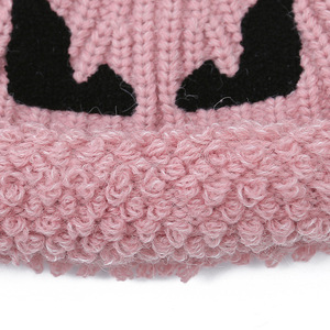 Cute Devil Knitted Hat Pink Woolen Warm Winter Hat For Women Large Rolled Brim Fleece Beret - Product Image 1