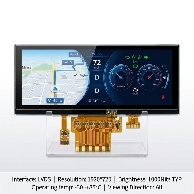 12.3" Automotive Bar LCD 1920x720 HD IPS 1000 Nits Sunlight Readable LVDS 50 PIN Screen for Car Dashboard Retrofit
