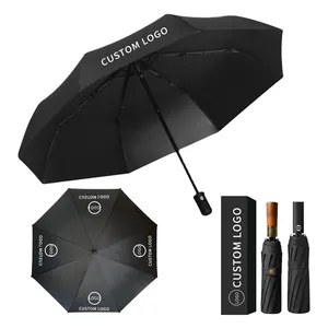Promosi grosir payung tiga lipat kayu Solid sepenuhnya otomatis lipat lem hitam klasik payung Logo bermerek