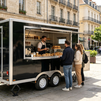 Remorque de camion de restauration mobile durable avec éclairage LED lumineux, cadre en acier inoxydable, taille personnalisable pour la vente de restauration rapide et les marchés nocturnes