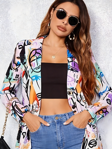 Blazer de Punto Holgado con Estampado Abstracto para Mujer, Talla Grande, Cuello de Solapa, Manga Larga, Cierre de un Solo Botón, para Negocios - Product Image 4