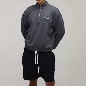 <b>Men</b> Quarter <b>Zip</b> Stand Collar Tracksuit Zipper <b>Pocket</b> Sweatshirt And Contrast Sweat <b>Shorts</b> 2 Piece Streetwear Set - Product Image 1