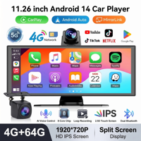 Écran de tableau de bord intelligent pour voiture Android 4G LTE de 11,26 pouces, 4+64 Go avec CarPlay/Android Auto sans fil et double DVR 1080P