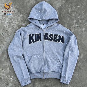 Heavyweight Acid WashZip up Hoodie Men Y2K Grunge Distressed Applique Letter Streetwear Vintage Men's Sweatshirt - Product Image 1