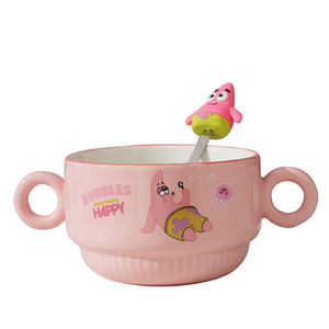 Ciotola in Ceramica <span class=keywords><strong>SpongeBob</strong></span> <span class=keywords><strong>Patrick</strong></span> con Doppio Manico e Cucchiaio Abbinato, Ciotola per Bambini, Ciotola in Porcellana per Colazione, Regalo - Product Image 5