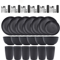 Ensemble de vaisselle écologique en paille de blé personnalisé, assiette noire, cuillère, tasse, bols, couverts pour mariages, maisons, hôtels et restaurants