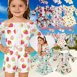 Tutina Personalizzabile per Bambine con Stampa Fragole, Pagliaccetto con Spalle Scoperte, Tutina Floreale per Bambine 2T-6T - Product Image 1