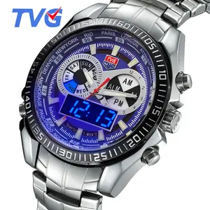 TVG超酷双显示男士数字手表豪华不锈钢带防水运动电子表男士relojes