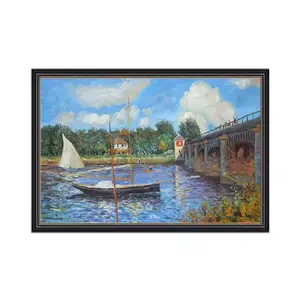 手绘油画帆船在莫奈湖上著名的风景油画再现艺术加勒