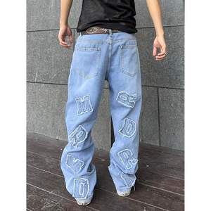 2025 Distro Baggy Jeans para hombres y mujeres Parcheado Carta Insignia Pantalones de mezclilla de pierna ancha Y2K Estilo Hip Hop Oscuro Flaco Casual Suelto - Product Image 4