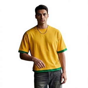 Camiseta Amarilla para Hombre con Ribete Verde, Manga Corta, Cuello Redondo, Corte Casual, 100% Algodón Tejido, Color Sólido, Largo Regular - Product Image 3