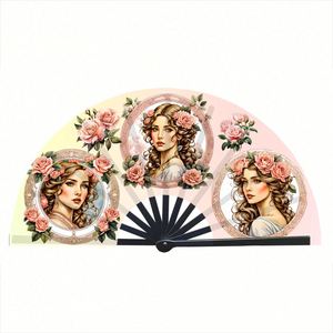 Éventail pliable en bambou de 33 cm pour festivals, promotions et fêtes – Éventail à main en nylon élégant avec motif peint - Product Image 4
