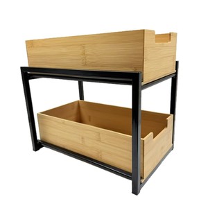 <b>Double</b> Layer Bamboo Storage Box Rectangular Iron Frame Standing Type For Home Living Room Bedroom Snacks Organization - Product Image 2