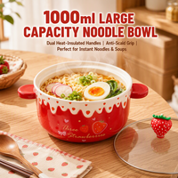Bol en céramique de qualité alimentaire en forme de fraise, grande capacité 1000 ml, avec couvercle en verre à bouton fraise 3D, vente en gros d'usine